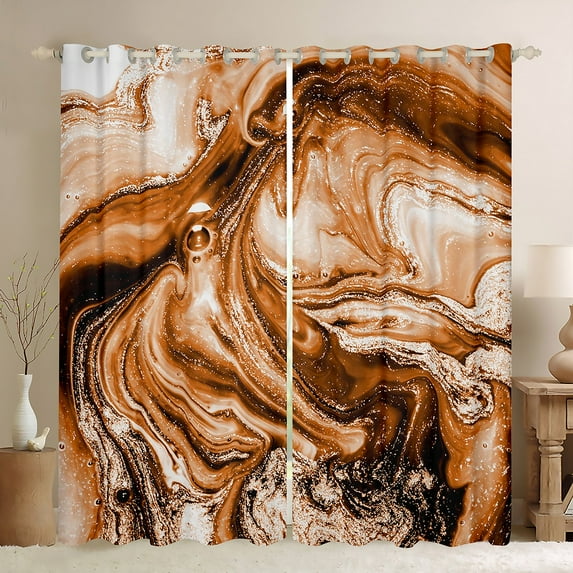 Brown Marble Curtains Orange Watercolor Curtains & Drapes, Rock Pattern 30%-50% Blackout Curtains Mountain Fluid Living Room Curtains, Vintage Marbling Window Treatments