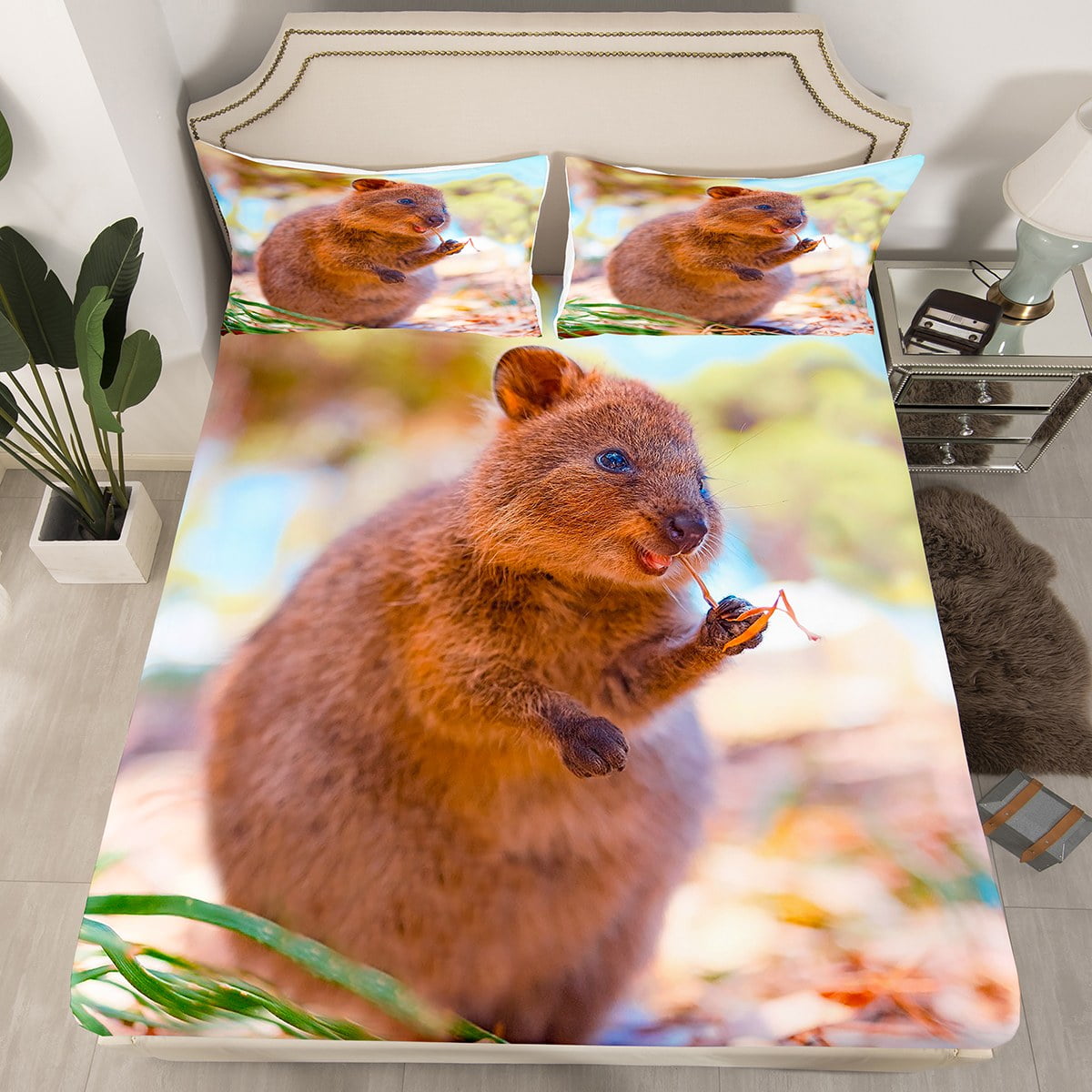 YST Brown Quokka Queen Fitted Sheet Kawaii Animal Sheets, Australian