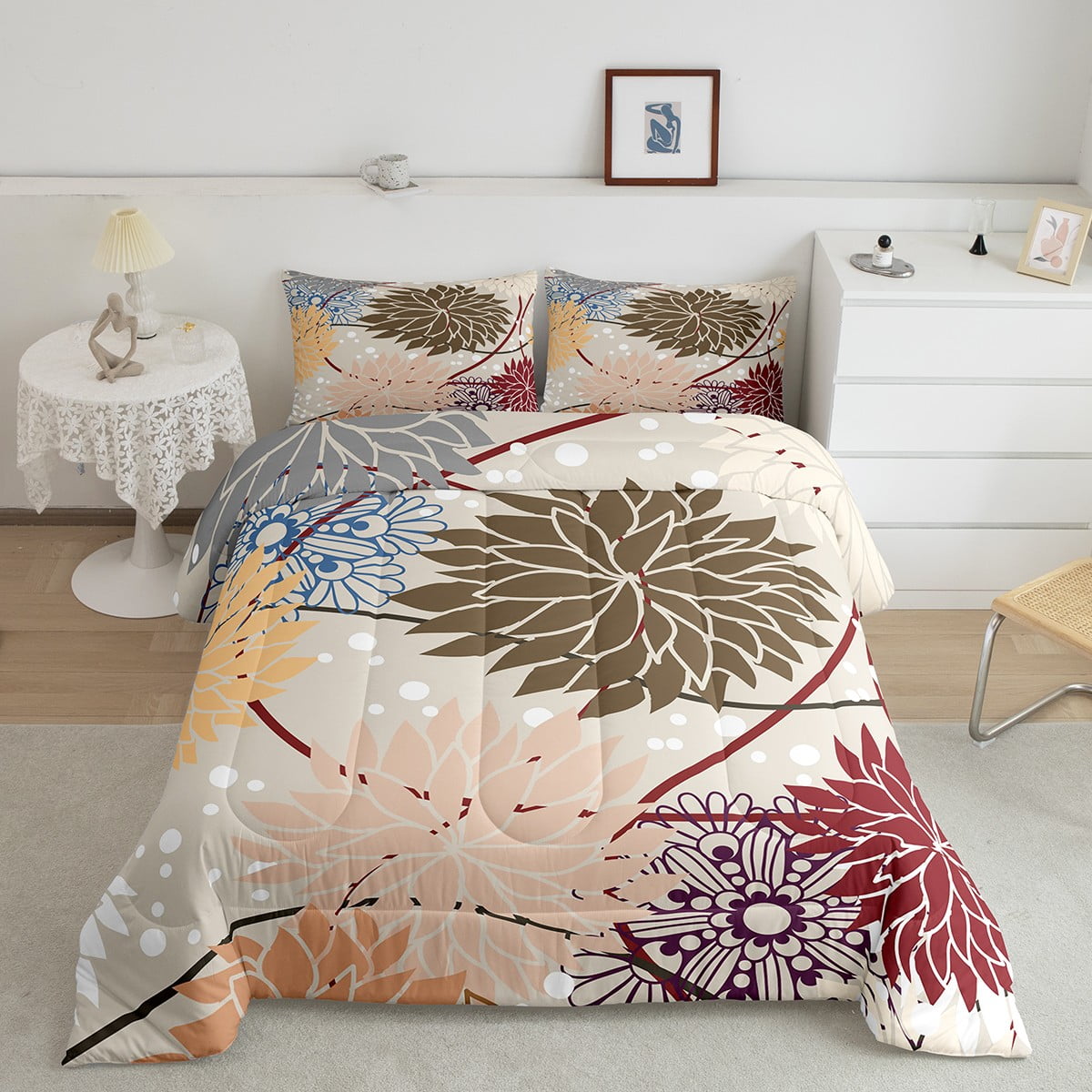 YST Brown Red Comforter Set Twin Size,Dahlia Flowers Bedding Comforter
