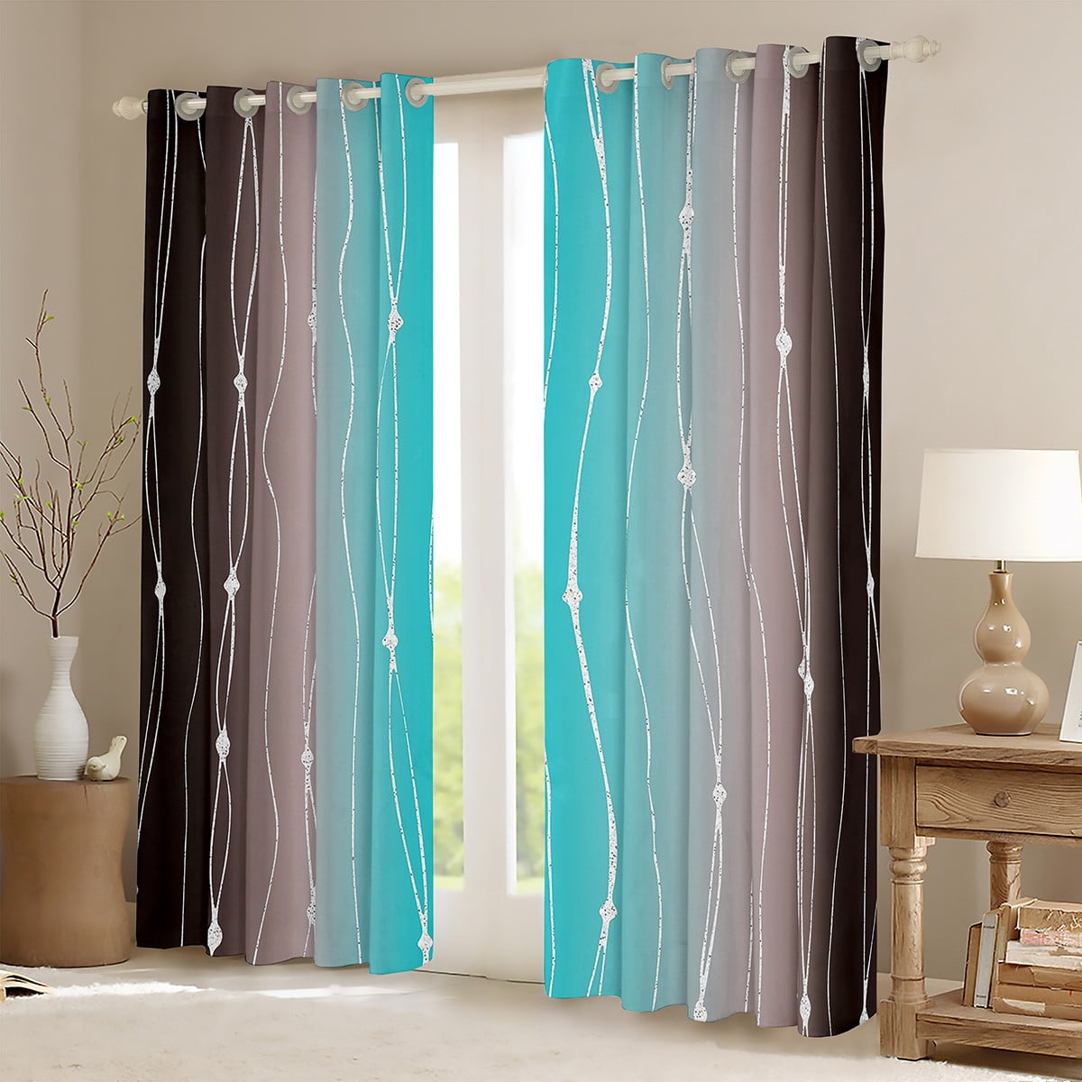 YST Brown and Teal Ombre Blackout Curtains Geometric Abstract Curtains