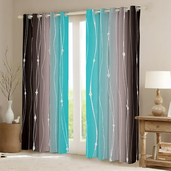 Brown and Teal Ombre Curtains Geometric Abstract Curtains & Drapes, Modern Wave Dots 30%-50% Blackout Curtains Gradient Watercolor Window Treatments, Aesthetic Lines Striped Bedroom Curtains