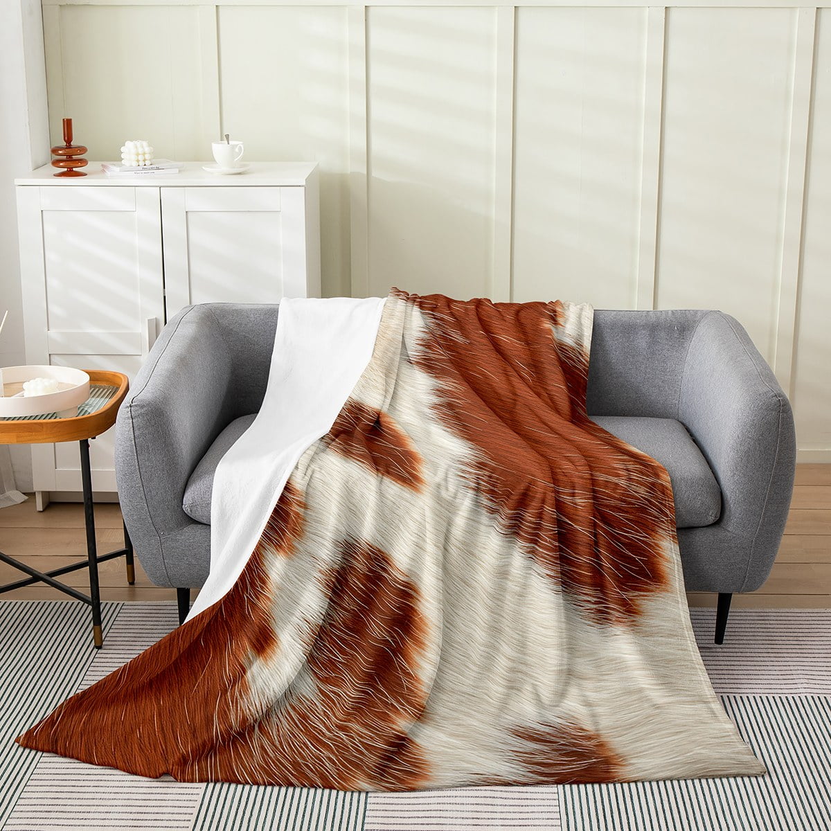 YST Brown White Cowhide Blanket 40x50 Inch,Rustic Cow Print Throw