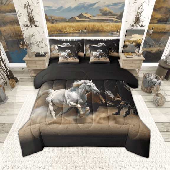 Brown and White Galloping Bed in a Bag 7 Pieces Farm Horse Bedding Set, 3D Horse Queen Size Comforter Set Farmhouse Animals Bedding Comforter Sets, Ultra Soft Cozy Bed Set