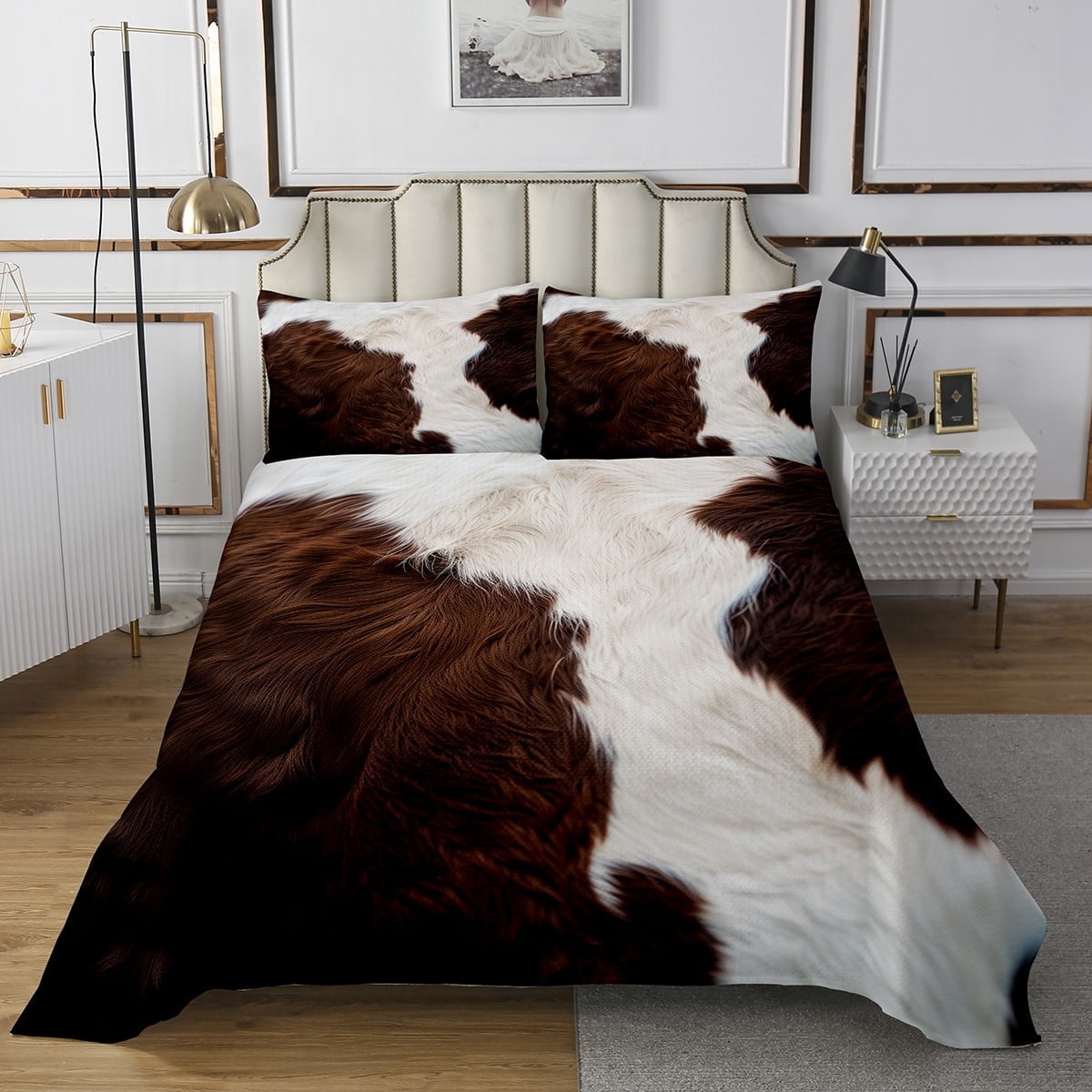 Brown and White King Quilt Set Cowhide Cow Print Coverlet Set,Milk Cow ...