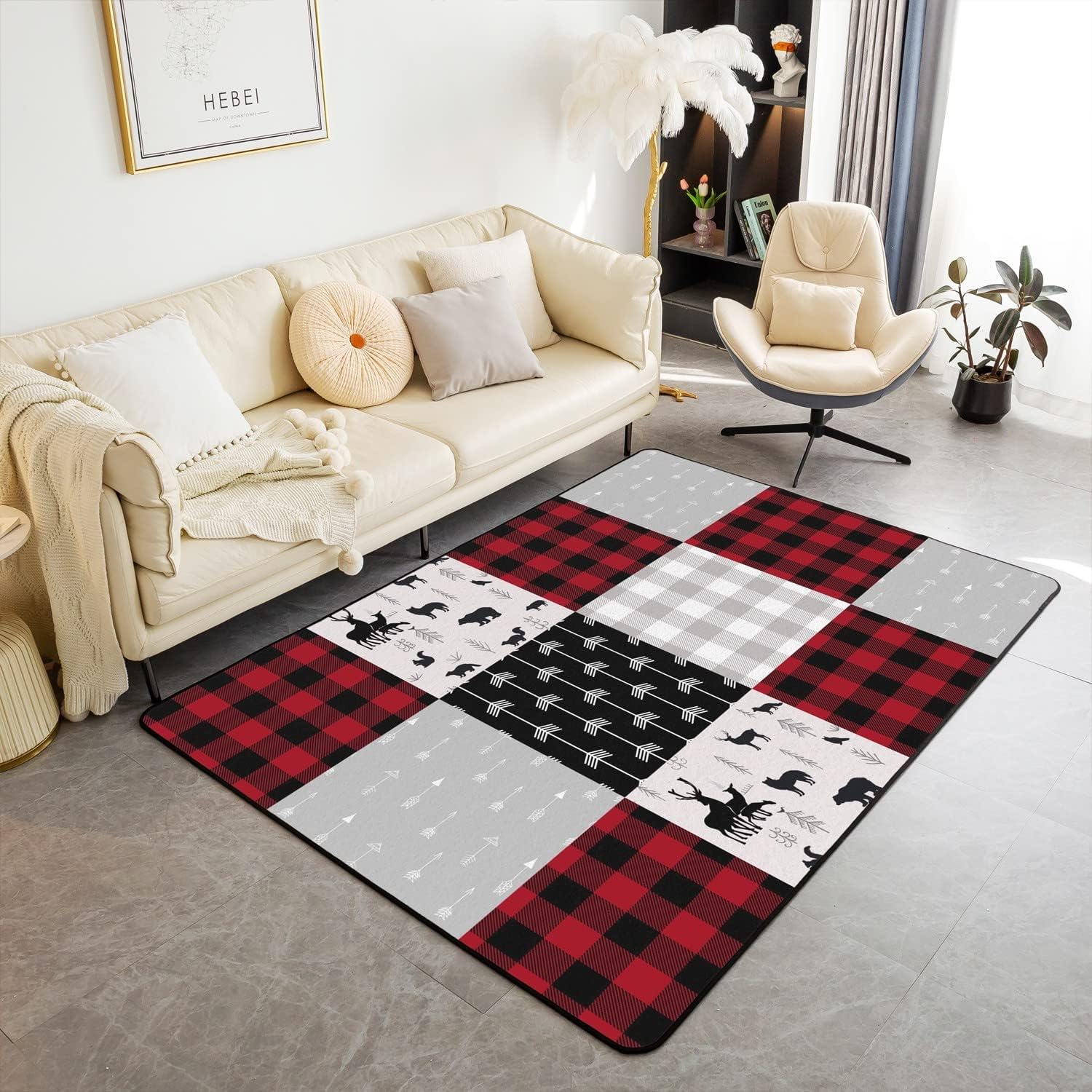 YST Buffalo Plaid Area Rug for Boys Girls, Woodland Moose Carpet 5x7