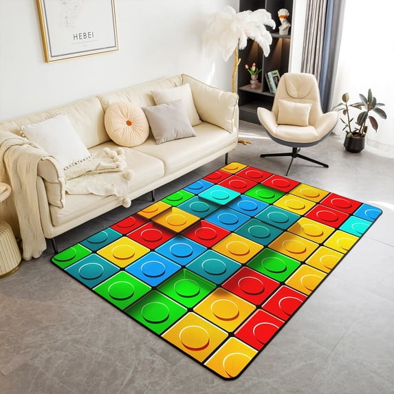 Building Blocks Area Rug 5x7, Colorful Rug For Teens, 3D Rainbow Construction Brick Carpet Funny Patchwork Geometric Rectangle Non Shedding Decorative Rug For Living Room