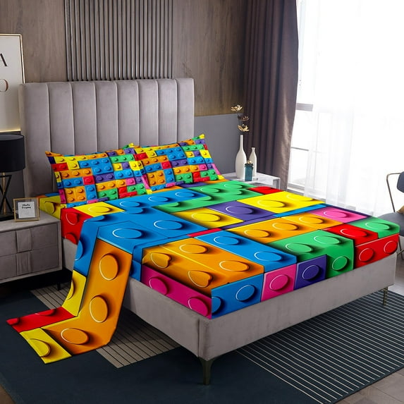 Erosebridal Building Blocks Bed Sheets Set King, Colorful Sheet Set, 3D Rainbow Construction Brick Sheets Funny Patchwork Geometric Rectangle Flat Fitted Sheet
