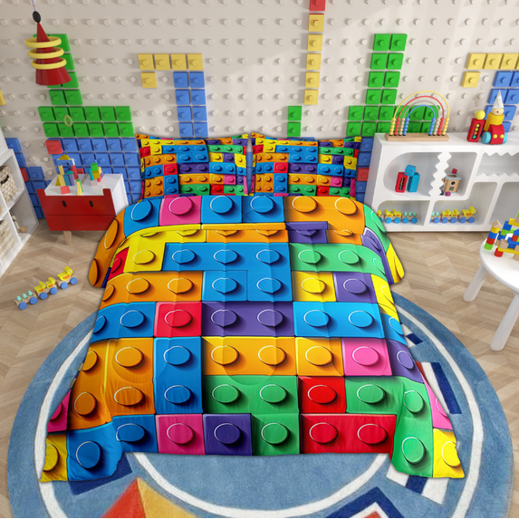 Erosebridal Building Blocks Comforter Set Full, Colorful Bedding, 3D Rainbow Construction Brick Bedding Comforter Sets Funny Patchwork Geometric Rectangle Duvet Insert