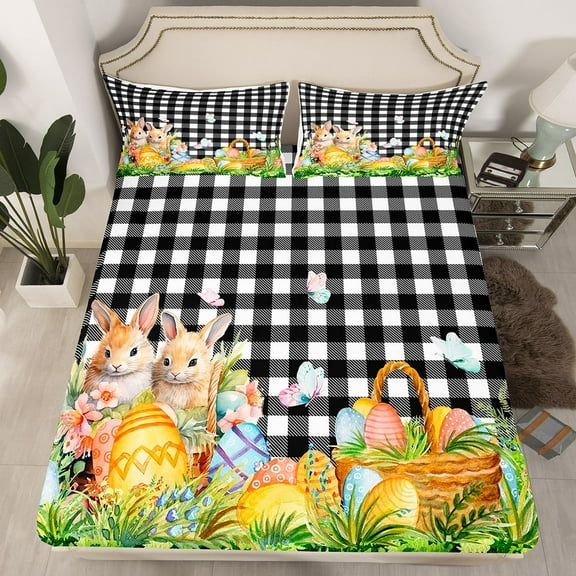 Erosebridal Bunnies Fitted Sheet Full Size,Spring Easter Theme Bed Sheets,Easter Eggs Bedding Set,Kawaii Rabbit Pet Animal Bed Set,Black White Buffalo Plaid Sheets