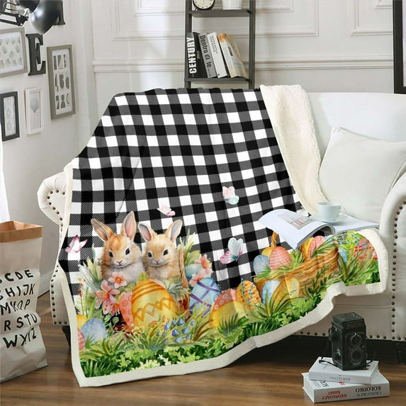 Bunnies Throw Blanket Queen 90x90 for Couch,Spring Easter Theme Fleece Blanket,Easter Eggs Fuzzy Blanket,Kawaii Rabbit Pet Animal Sherpa Blanket,Black White Buffalo Plaid Bed Blanket