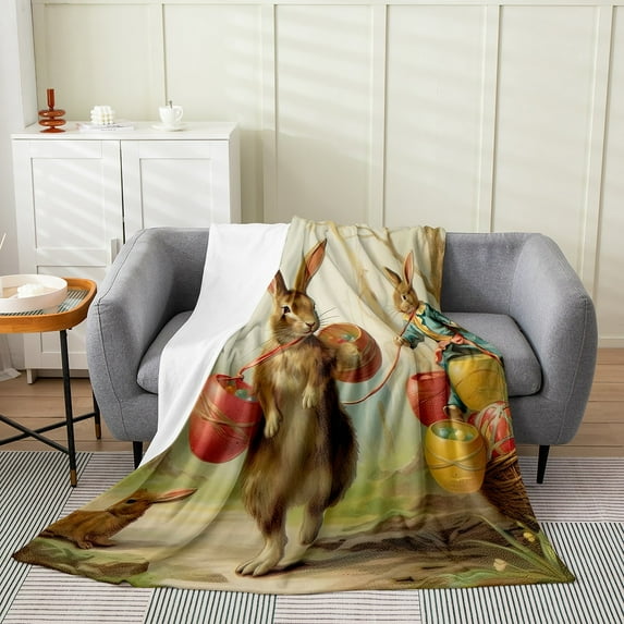 Bunny Throw Blanket Twin 60x80,Easter Theme Rabbit Fleece Blanket Sofa Bed Couch,Vintage Easter Decorations Fuzzy Blanket,Pet Animals Plush Bed Blanket Room Decor