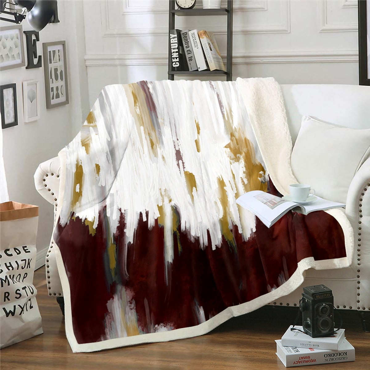 YST Burgundy Throw Blanket for Couch Ombre Abstract Art Fleece Blanket Brush Marks Gradient Sherpa Blanket Contemporary Vintage Blanket Watercolor Stripe Aesthetic Bed Blanket Walmart