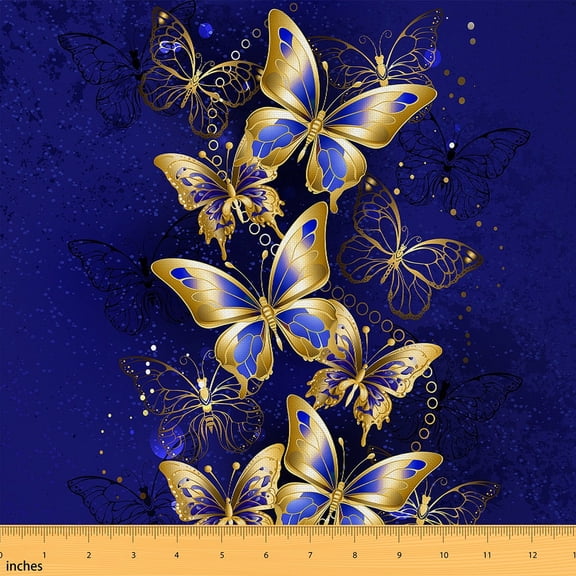 YST Butterfly Fabric by the Yard,Romantic Golden Butterfly Upholstery Fabric for Chairs,Butterfly Print Indoor Outdoor Fabric,Abstract Art Waterproof Fabric for DIY Upholstery,Blue,5 Yards