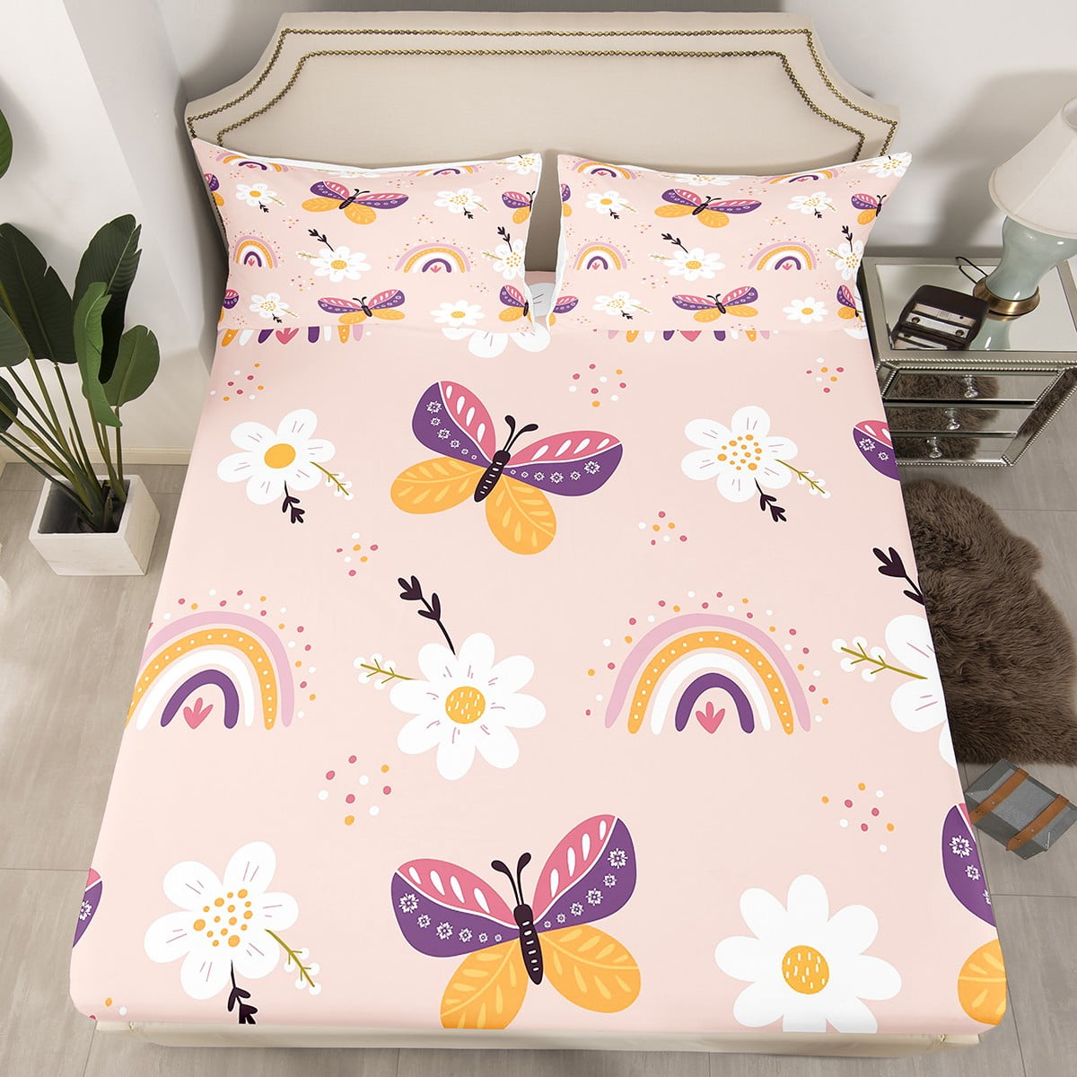 YST Butterfly Fitted Sheet Full Size, Boho Rainbow Floral Decor Bed