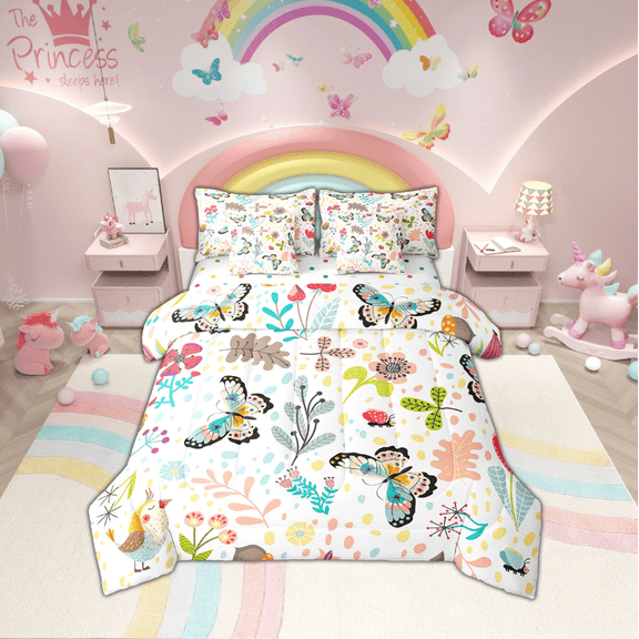 Butterfly Full Bed In A Bag 7 Pieces Kawaii Butterflies Comforter Set With Sheets Cute Woodland Plant Leaves Flower Bedding Set Nature Botanical Butterfly Sheet Set