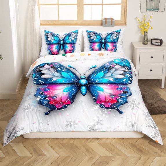 Butterfly Queen Comforter Cover Christmas Winter Snowflakes Bedding Set Blue Pink Dreamy Duvet Cover,Aesthetic Flying Butterflies Quilt Cover Zipper 3 Pcs