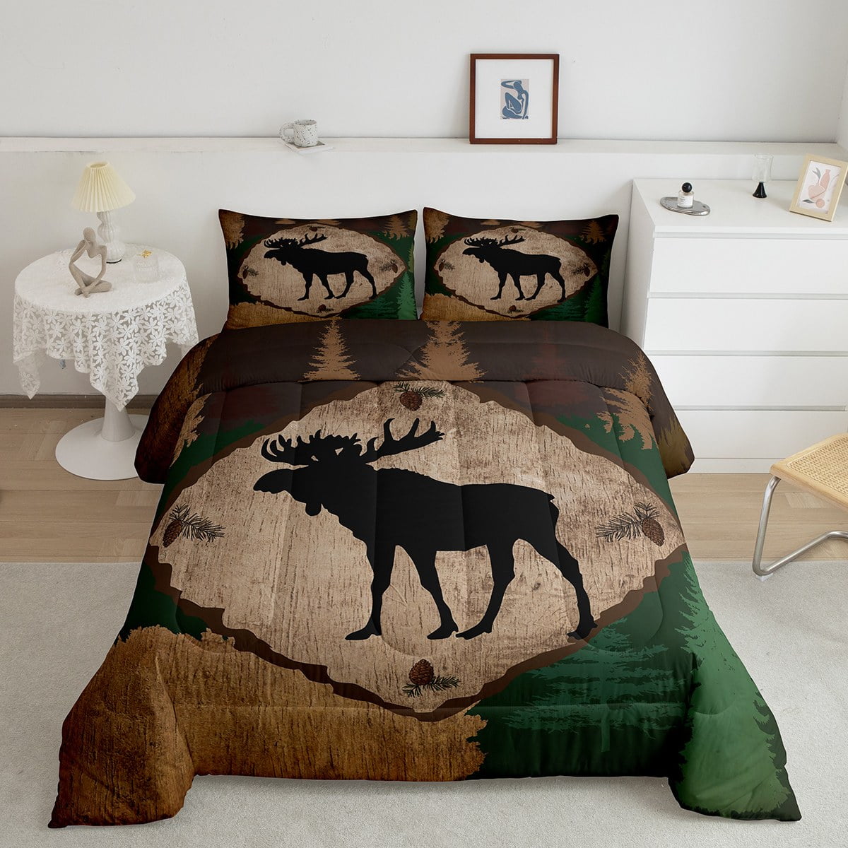 YST Cabin Decor Animal Moose Bedding Forest Trees Decorative Comforter