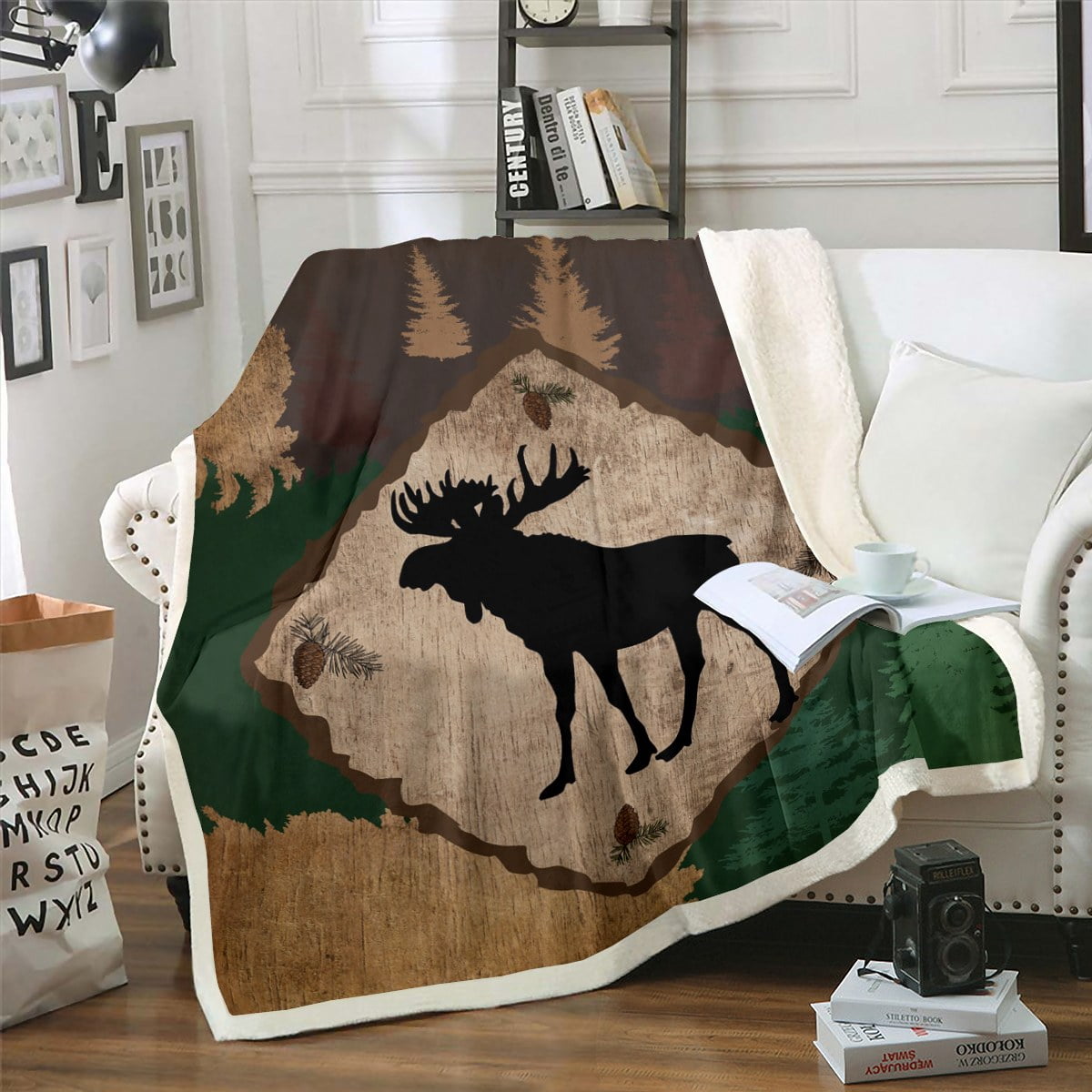 YST Cabin Decor Animal Moose Fleece Blanket Forest Trees Decorative Sherpa Blanket Vintage Grunge Background Plush Blanket Wildlife Elk Moose 40x50