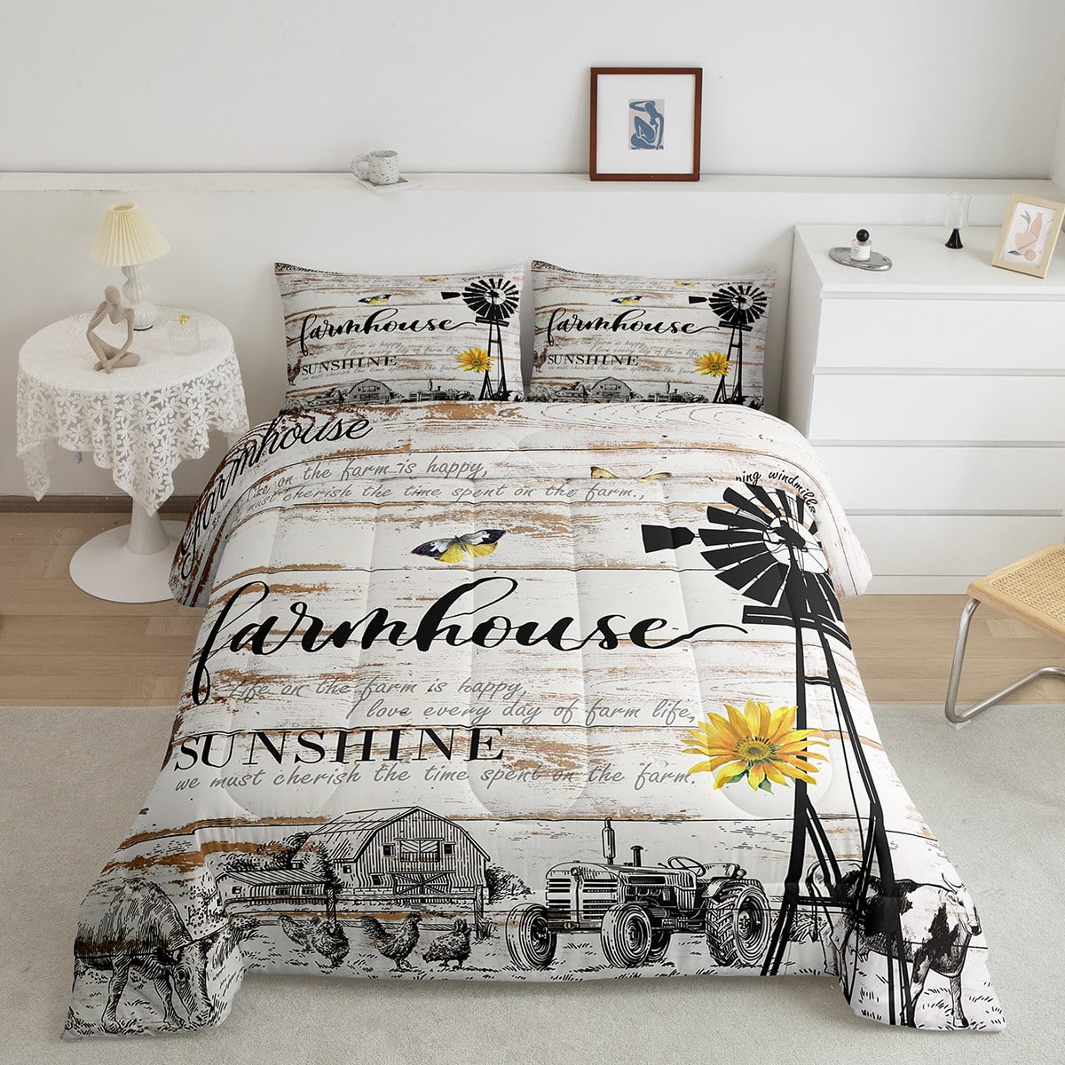 YST Cabin Decor Comforter Set, Farmhouse Windmill Bedding Set Rustic