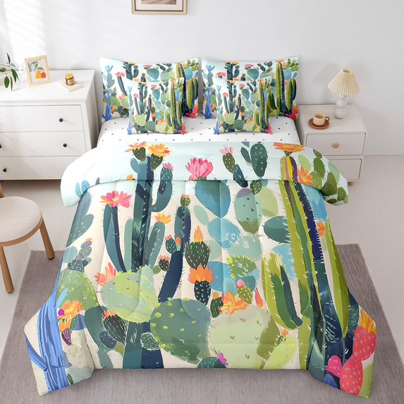 Cactus Tropical Bed in a Bag Twin Comforter Set 7 Piece,Green Succulent Plant Flower Bedding Sets Hawaiian Nature Desert Botanical Floral Sheet Set with Comforter