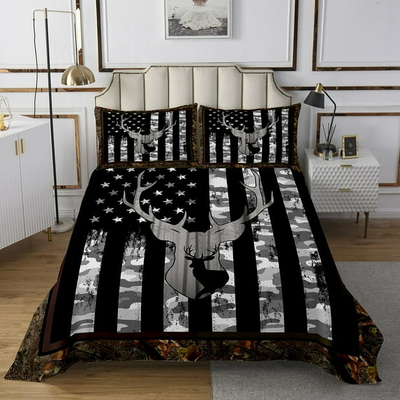 Camo American Flag Bedspread Set Queen Size,Vintage Grey Black Camouflage Coverlet Set for Youth Teens,Hunting Deer Wild Animal Bedding Set Geometric Stars Stripes Bed Set 3Pcs