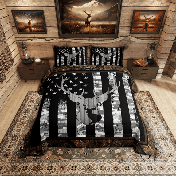 Erosebridal Camo American Flag Comforter Set Queen Size,Vintage Grey Black Camouflage Bedding for Youth Teens,Hunting Deer Wild Animal Duvet Insert Geometric Stars Stripes Down Comforter 3Pcs