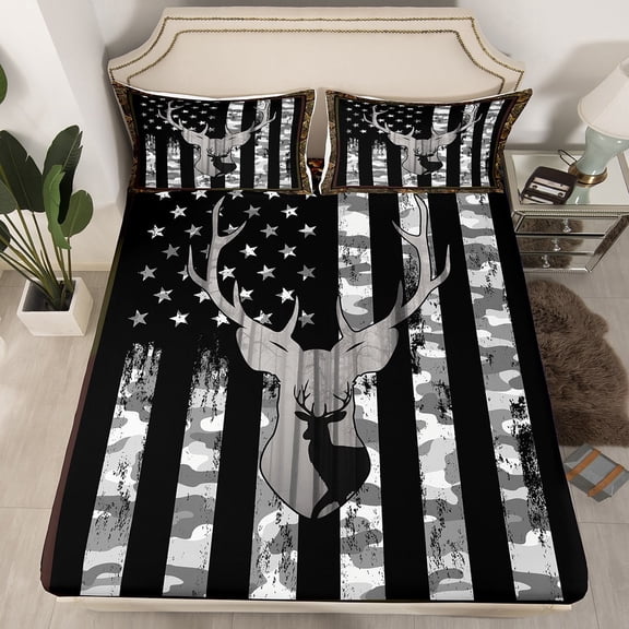 YST Camo American Flag Fitted Sheet Full Size,Vintage Grey Black Camouflage Bedding Set for Youth Boys Teens,Hunting Deer Wild Animal Sheets Geometric Stars Stripes Bedding Decor Set 3Pcs