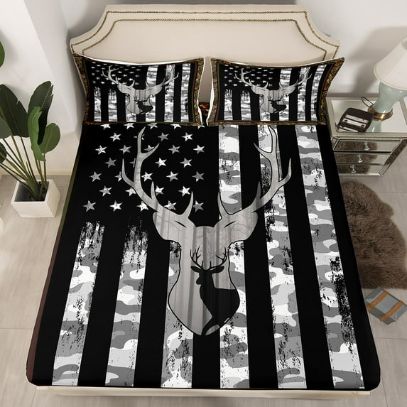 Erosebridal Camo American Flag Fitted Sheet Queen Size,Vintage Grey Black Camouflage Bedding Set for Youth Teens,Hunting Deer Wild Animal Sheets Geometric Stars Stripes Bedding Decor Set 3Pcs