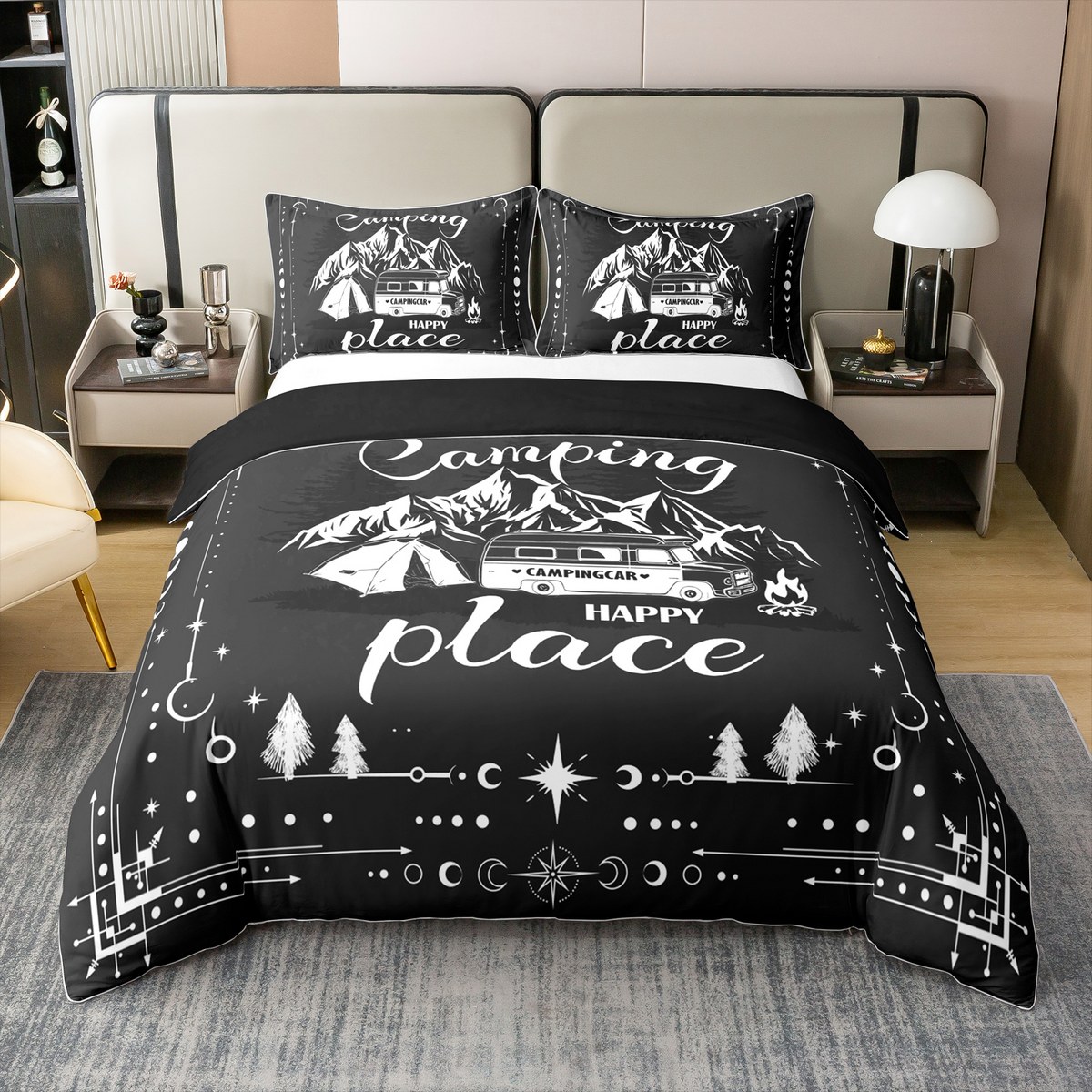 Camper Bedding Set Full Size - Sun Moon Stars Galaxy Camping Comforter, Farmhouse Style