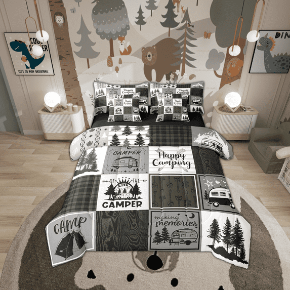 YST Camper Bed In A Bag For Bunks,Happy Camping King Comforter Set 7 Piece For Travel Trailers Rustic Farmhouse Buffalo Plaid Bedding Sets Rv Decor For Inside,Adventure Camper Bed Set