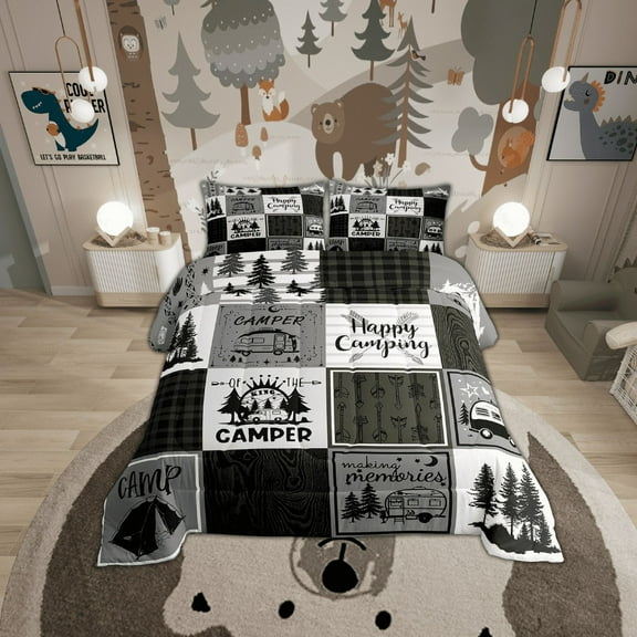 Camper Bedding Set For Bunks,Happy Camping Twin Comforter Set For Travel Trailers Rustic Farmhouse Buffalo Plaid Bedding Comforter Sets Rv Accessories For Inside,Adventure Camper Quilt