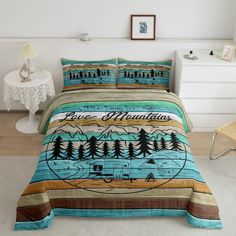 YST Camper Comforter Set for Kids Boys Girls Happy Camping Bedding Queen Size Hand Drawn Mountain Decor Bedding Comforter Sets Farmhouse Rv Accessories Quilt with 2 Pillowcases Walmart