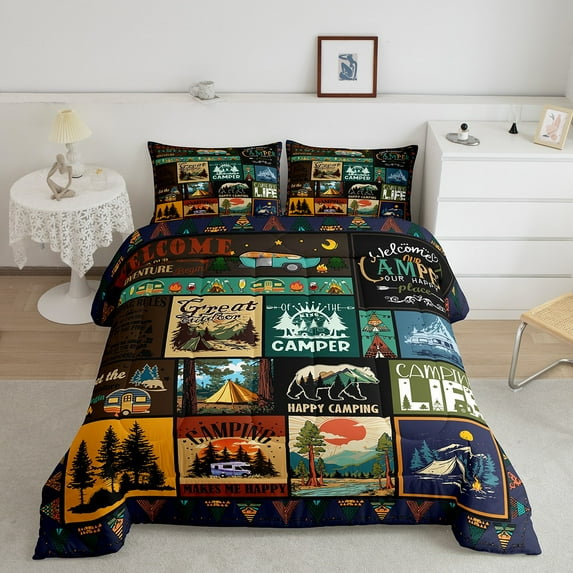 Erosebridal Camper Comforter Set Twin Camping Themed Bedding Sets,RV Comforter Set Camping Decor for Camper Gifts,Country Farmhouse Quilt Bed Set for Travel Trailers 2Pcs