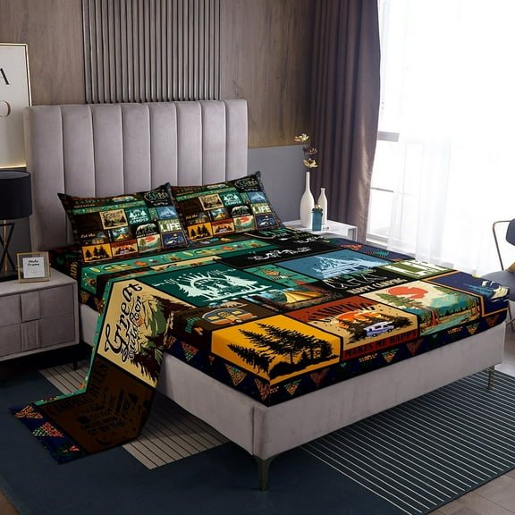 Camper King Bed Sheets Happy Camping Bedding Set for Camper Gifts,RV Sheet Set Room Decor,Rustic Country Style Patchwork Camping Fitted Sheet 4Pcs