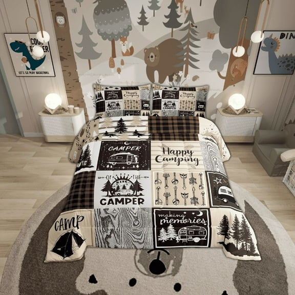 Camper King Comforter Set For Bunk Travel Trailers,Rustic Plaid Camping Car Quilt Set Camping Accessories Bedding Set For Rv Campers,Country Cabin Lodge Decor Bed Duvet Set Brown Beige