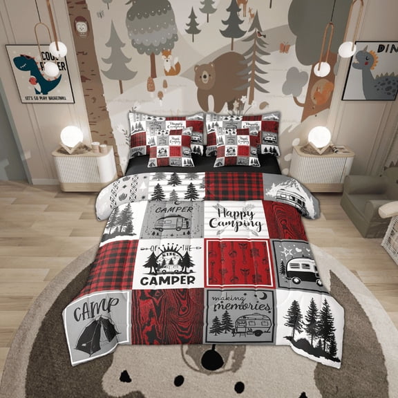 Camper Queen Bed In A Bag 7 Piece Rv Camping Comforter Set Rustic Buffalo Plaid Bedding Comforter Sets Camper Decor For Travel Trailers Bunk Country Camping Bed Set Red Black Grey