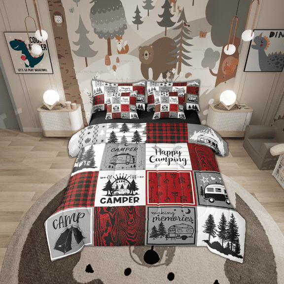 Camper Queen Bed In A Bag 7 Piece Rv Camping Comforter Set Rustic Buffalo Plaid Bedding Comforter Sets Camper Decor For Travel Trailers Bunk Country Camping Bed Set Red Black Grey
