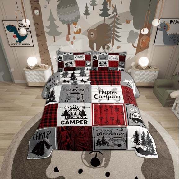 Camper Queen Bedding Sets Rv Camping Comforter Set Rustic Buffalo Plaid Bedding Comforter Sets Camper Accessories For Travel Trailers Bunk Country Camping Quilt Duvet Red Black Grey