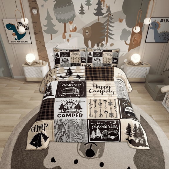 Camper Twin Comforter Set For Bunk Travel Trailers,Rustic Plaid Camping Car Quilt Set Camping Accessories Bedding Set For Rv Campers,Country Cabin Lodge Decor Bed Duvet Set Brown Beige