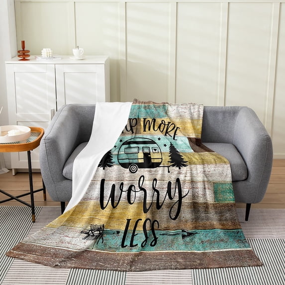Camping Bed Blanket,Camper Themed Throw Blanket Camper Decor,RV Travel Car Camping Flannel Blanket,Sketch Drawing Wood Vintage Fleece Blanket Teal Brown 30x40 inch All Season