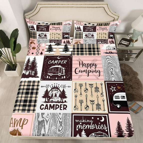 Camping Full Bed Sheets,Pink Camper Bedding Set For Bunk,Rv Accessories Fitted Sheet For Travel Trailers Rustic Farmhouse Buffalo Plaid Bed Cover 1 Pillow Case,(No Top Sheet)