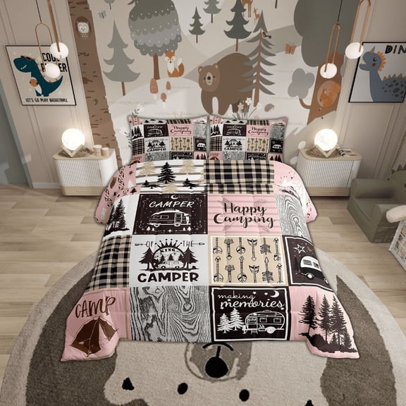Camping King Comforter Set ,Pink Camper Bedding Set For Bunk,Rv Accessories Quilt Bedding For Travel Trailers Rustic Farmhouse Buffalo Plaid Bed Duvet Set 2 Pillow Cases