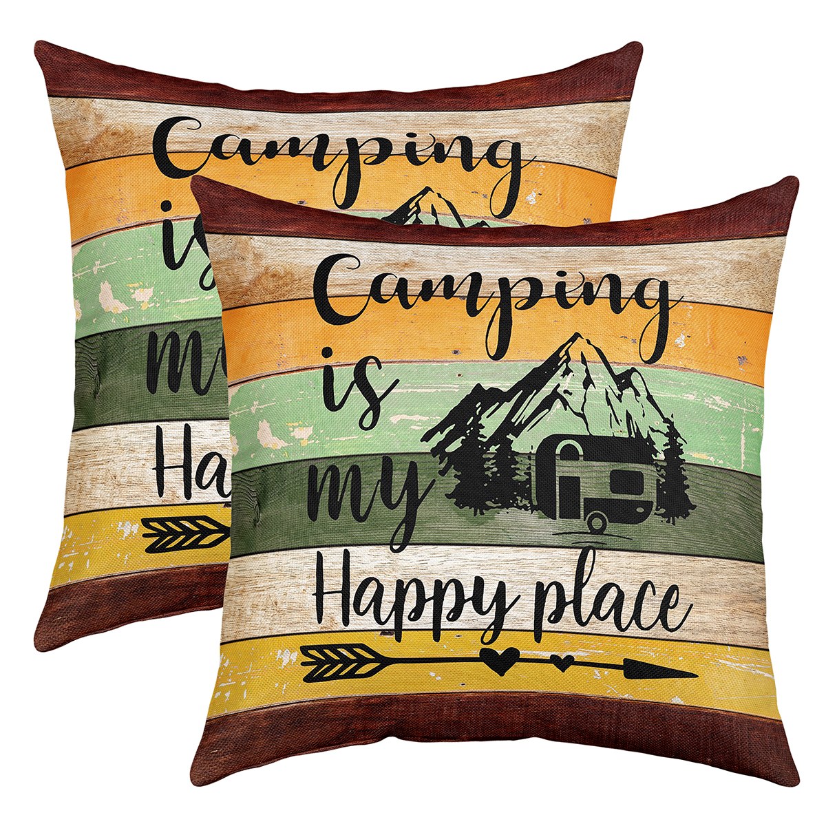 Happy Camper Square Cushion Cover – 45x45cm Cotton-Linen Throw Pillow Case, Camper Van Home Decor