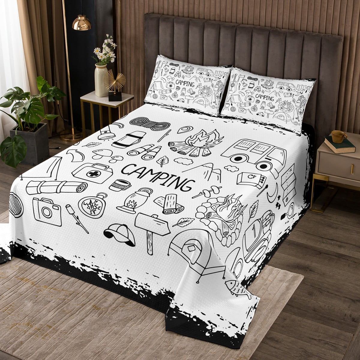 YST Camping Quilt Set Campfire Adventure Coverlet Set Queen Size, Rv Camper Bedspread Set For