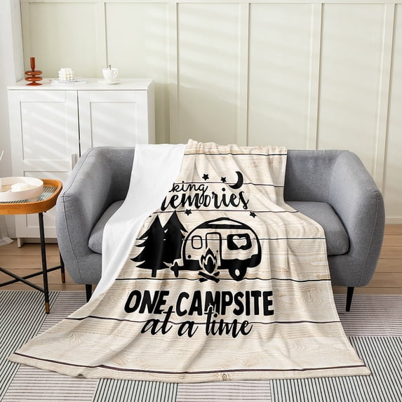 Camping Throw Blanket,Camper Themed Fleece Blanket Camper Decor,RV Travel Car Camping Bed Blanket,Sketch Drawing Rustic Wood Vintage Flannel Blanket Beige 30x40 inch for Sofa Chair