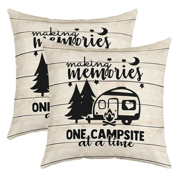 Camping Throw Pillow Covers,Camper Themed Pillow Covers Camper Decor,RV Travel Car Camping Accent Pillow Cases,Sketch Drawing Rustic Wood Vintage Cushion Covers Beige 16x16 inch set of 2