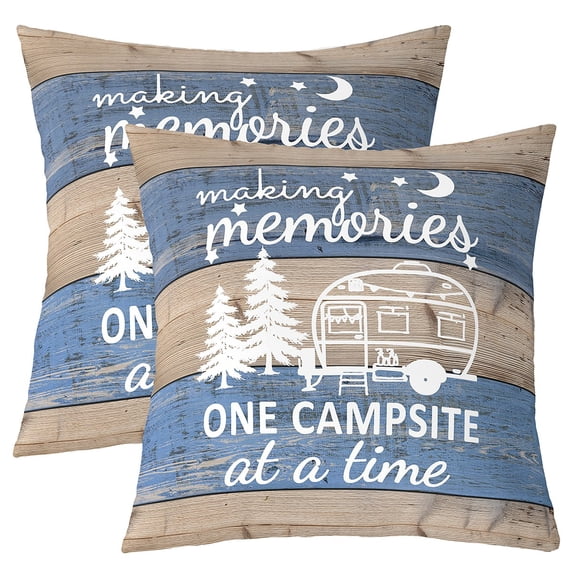 Camping Throw Pillow Covers,Camper Themed Pillow Covers Camper Decor,RV Travel Car Camping Accent Pillow Cases,Wood Vintage Ombre Art Cushion Covers Khaki Blue 22x22 inch set of 2