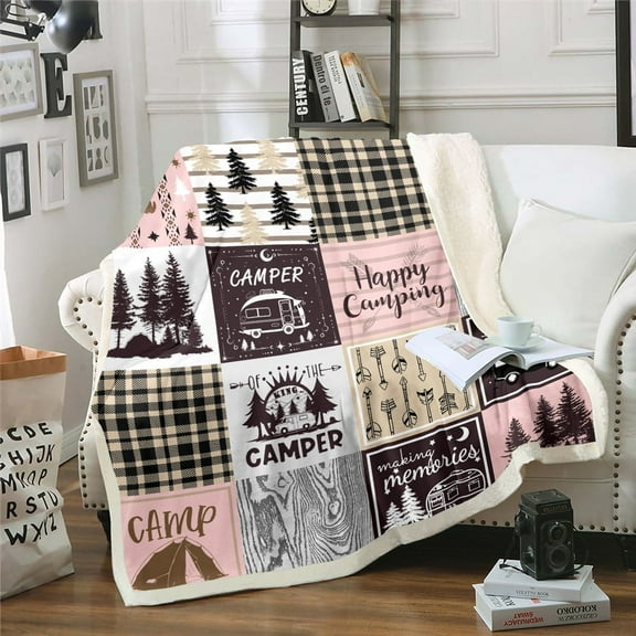 Camping Twin 60"X80" Fleece Blanket,Pink Camper Throw Blanket For Bunk,Rv Accessories Sherpa Blanket For Travel Trailers Rustic Farmhouse Buffalo Plaid Flannel Blanket