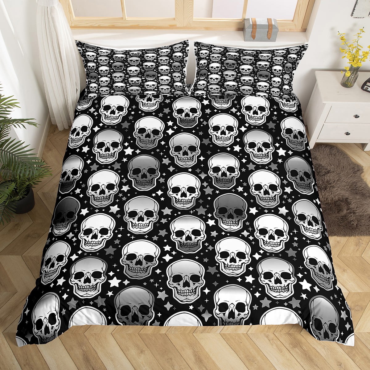 YST Candy Skull Bed Set White Grey Gradient Duvet Cover, Halloween