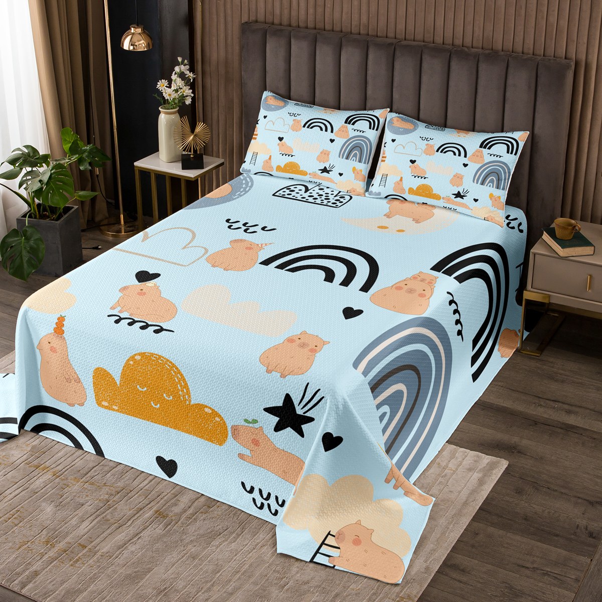YST Capybara Lover Coverlet Set For Kids, Kawaii Rainbow Bedspread Set
